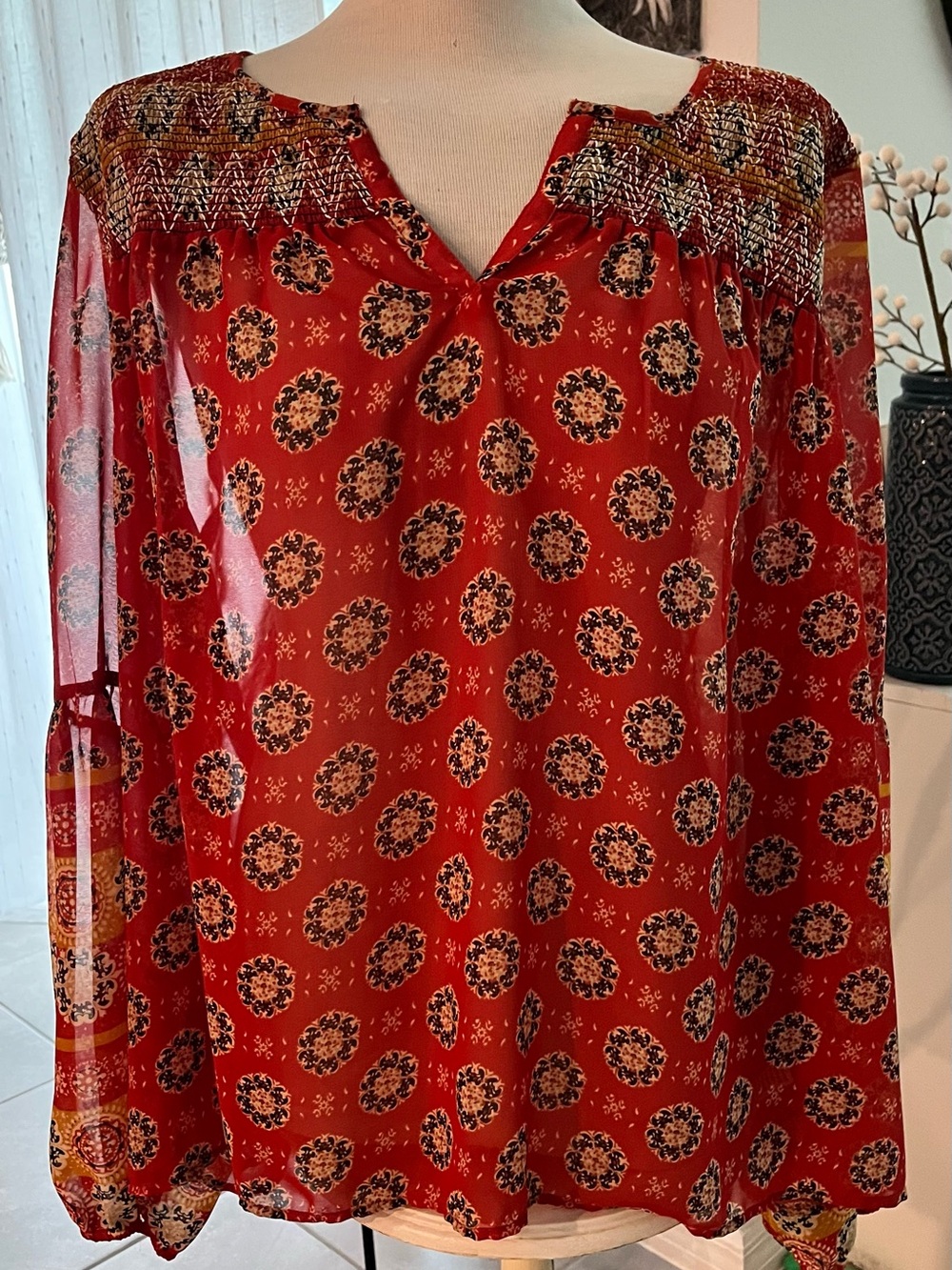 new directions Red Smocked Boho Print Peasant Blouse
